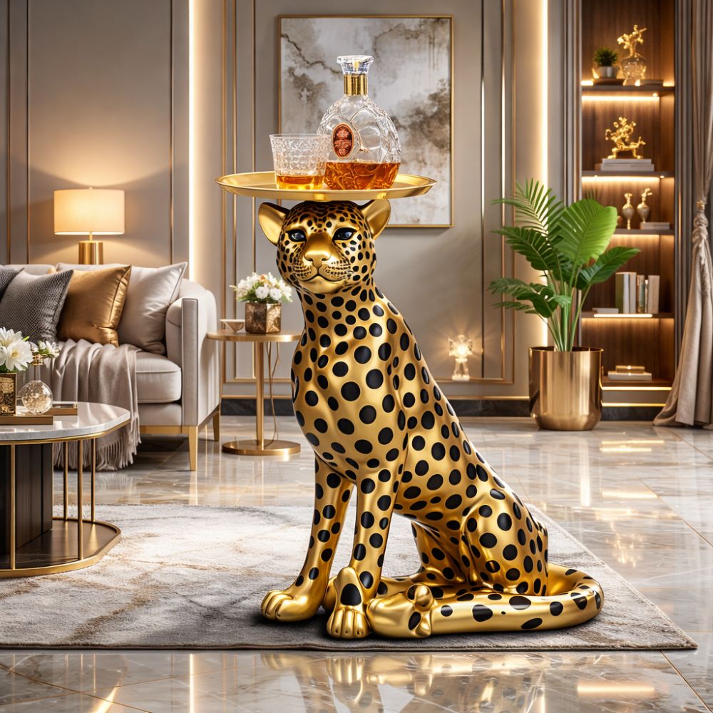 Luxury Cheetah Butler Tray Sculpture